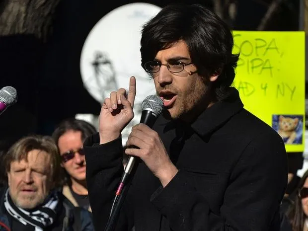 Aaron Swartz speaking at a protest against the SOPA and PIPA bills, New York City, 2012.