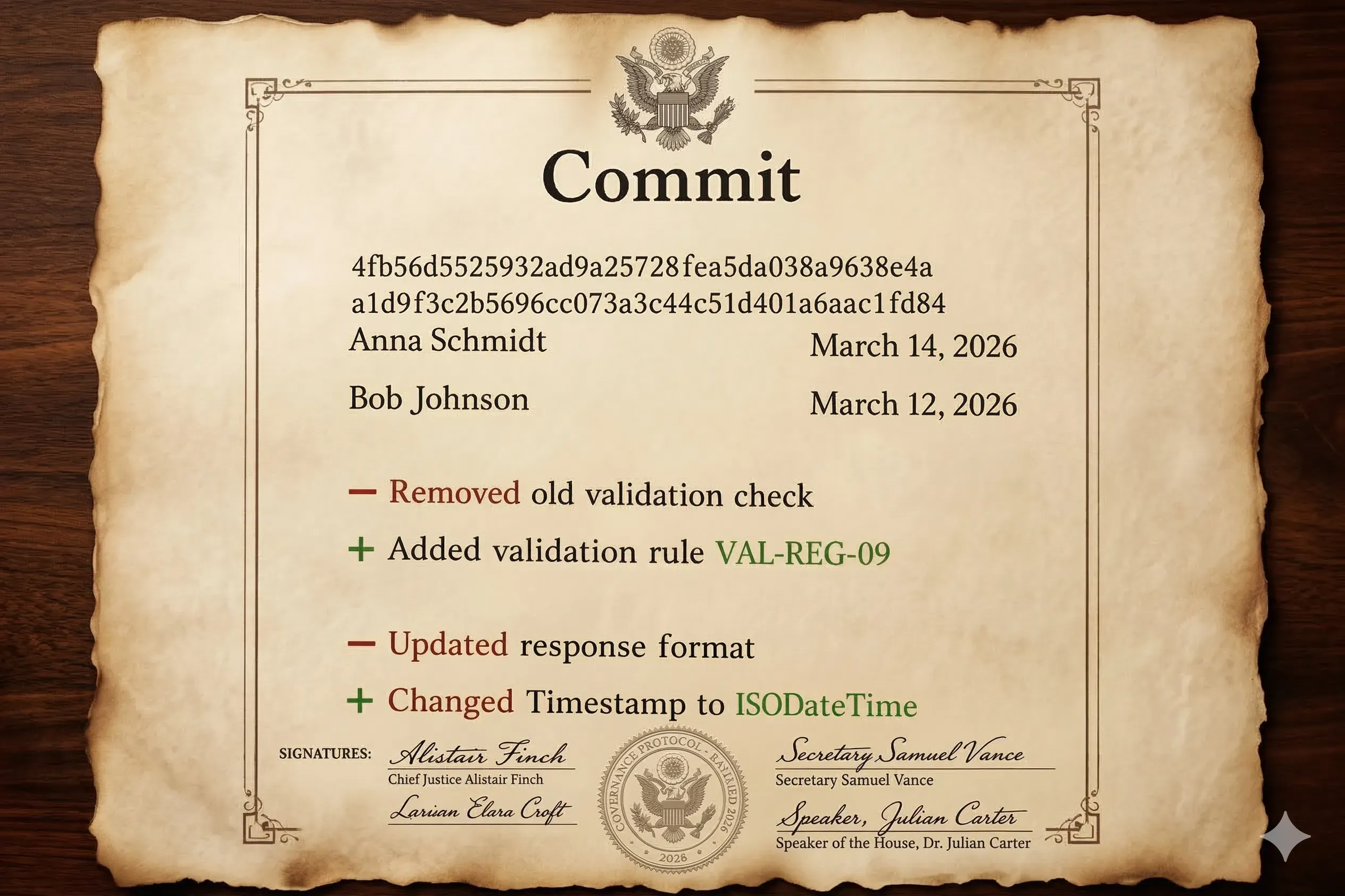 A Git commit rendered as an official parchment document — with commit hash, authors, dates, a diff showing changes, and formal signatures with a governance seal.