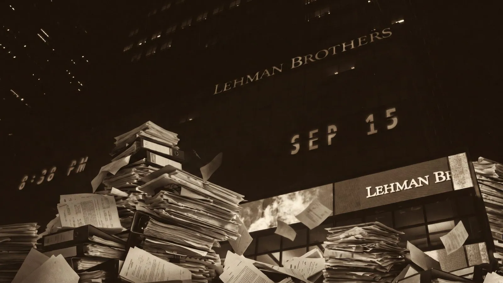 Photo illustration: the Lehman Brothers headquarters in New York at night, its facade display reading SEP 15 and 8:38 PM, with mountains of contracts, binders and loose sheets piled in front of the building.
